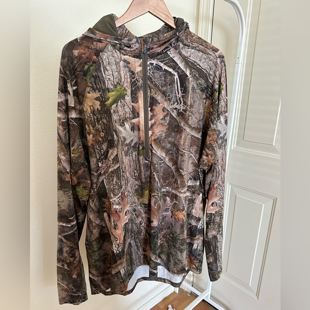Cabela's Camouflage Hunting Green Half Zip Hooded Shirt with Neck Gaiter Size XL